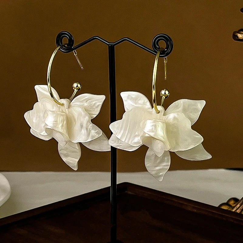 White Flower Hoop Gold Earrings-Lydieannejewelry