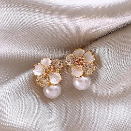 White Camellia Pearl Pendant Earrings-Lydieannejewelry