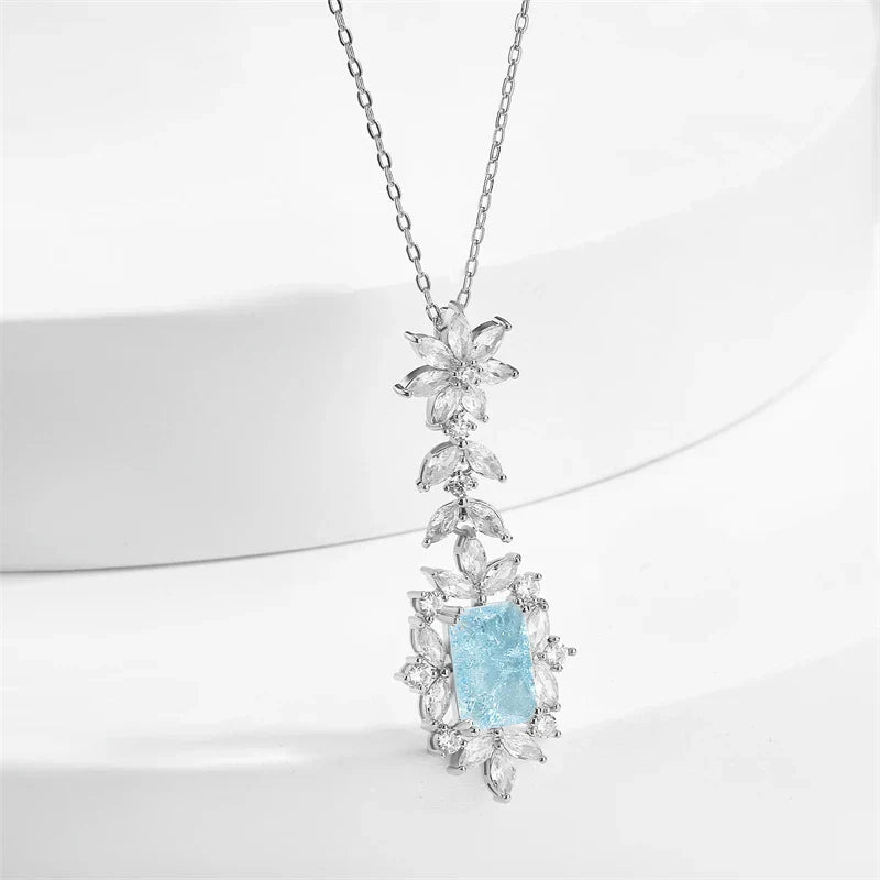 Vintage Ice Blue Floral Silver Necklace-Lydieannejewelry