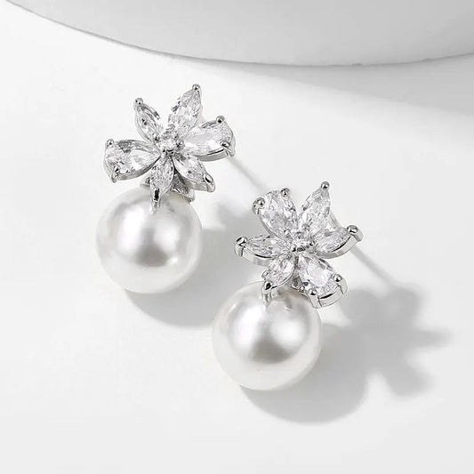 Vintage Silver Flower & Pearl Earrings-Lydieannejewelry