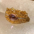 Classic Gold & Purple Oval Gemstone Filigree Crystal Adjustable Ring
