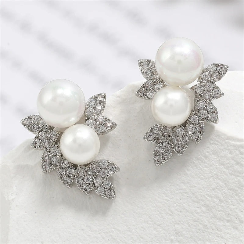 Silver Double Pearl & Crystal Leaf Earrings-Lydieannejewelry