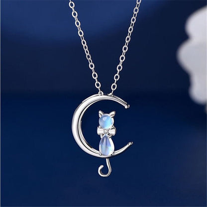 Moonstone crescent and cat necklace