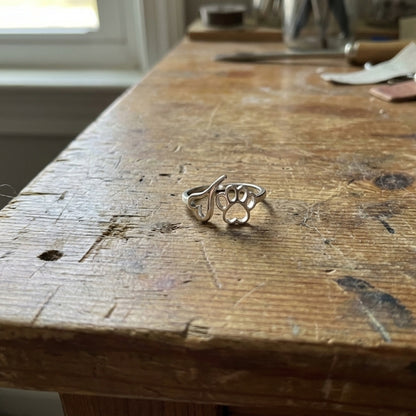 Handcrafted Paw & Heart Ring – Adjustable 925 Sterling Silver