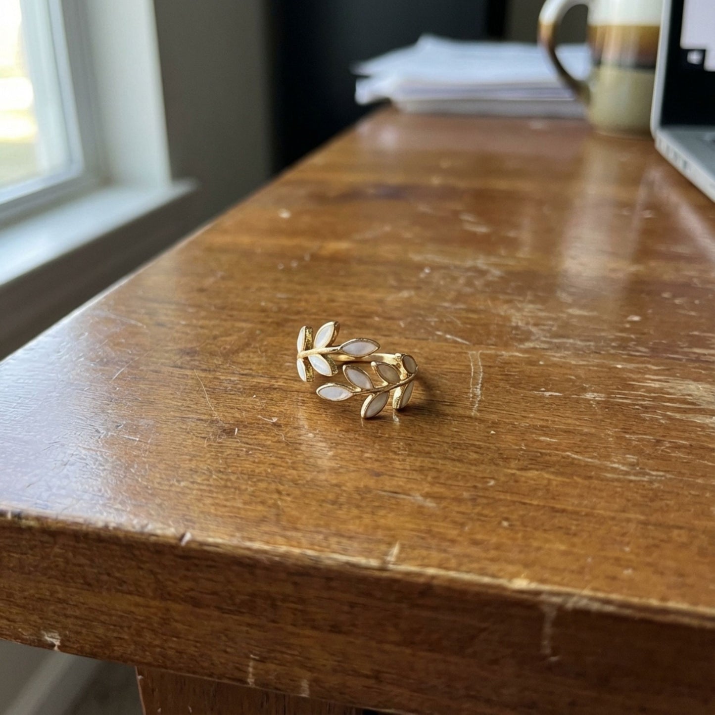 White Opal Leaf Adjustable Ring in Gold
