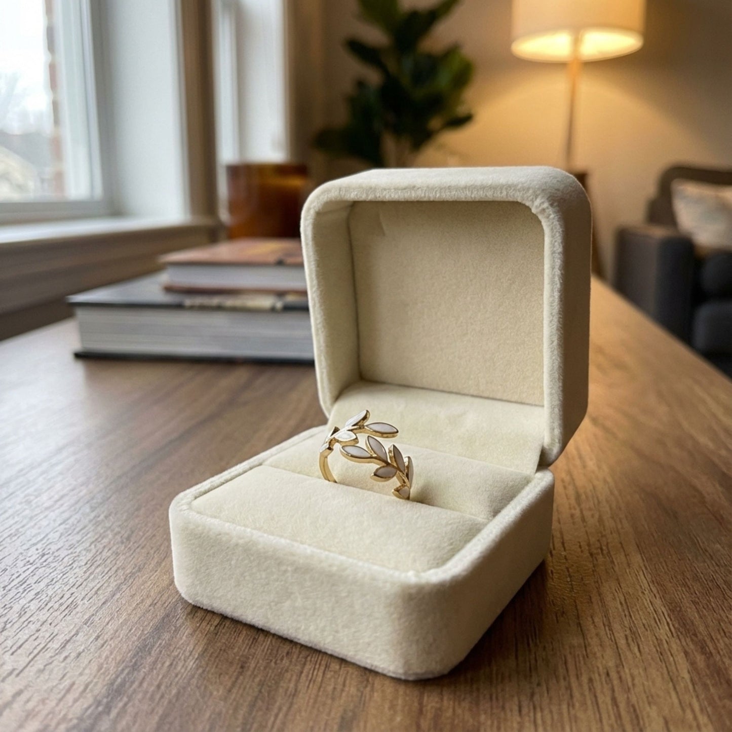 White Opal Leaf Adjustable Ring in Gold