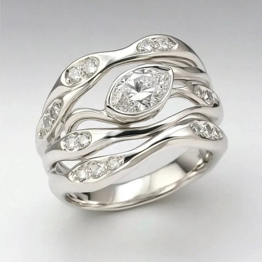 Vintage Layered Wavy Zirconia Silver Ring