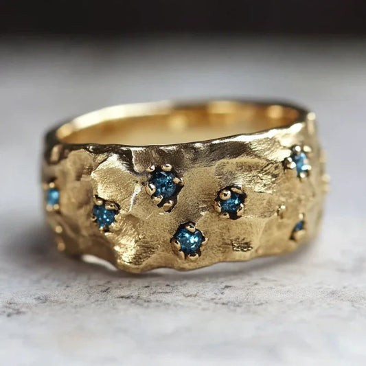 Vintage Blue Inlaid Stones Gold Ring