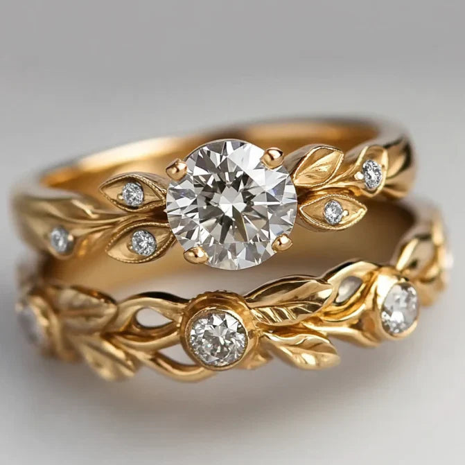 Vintage Gold Leaf Zirconia Ring Set